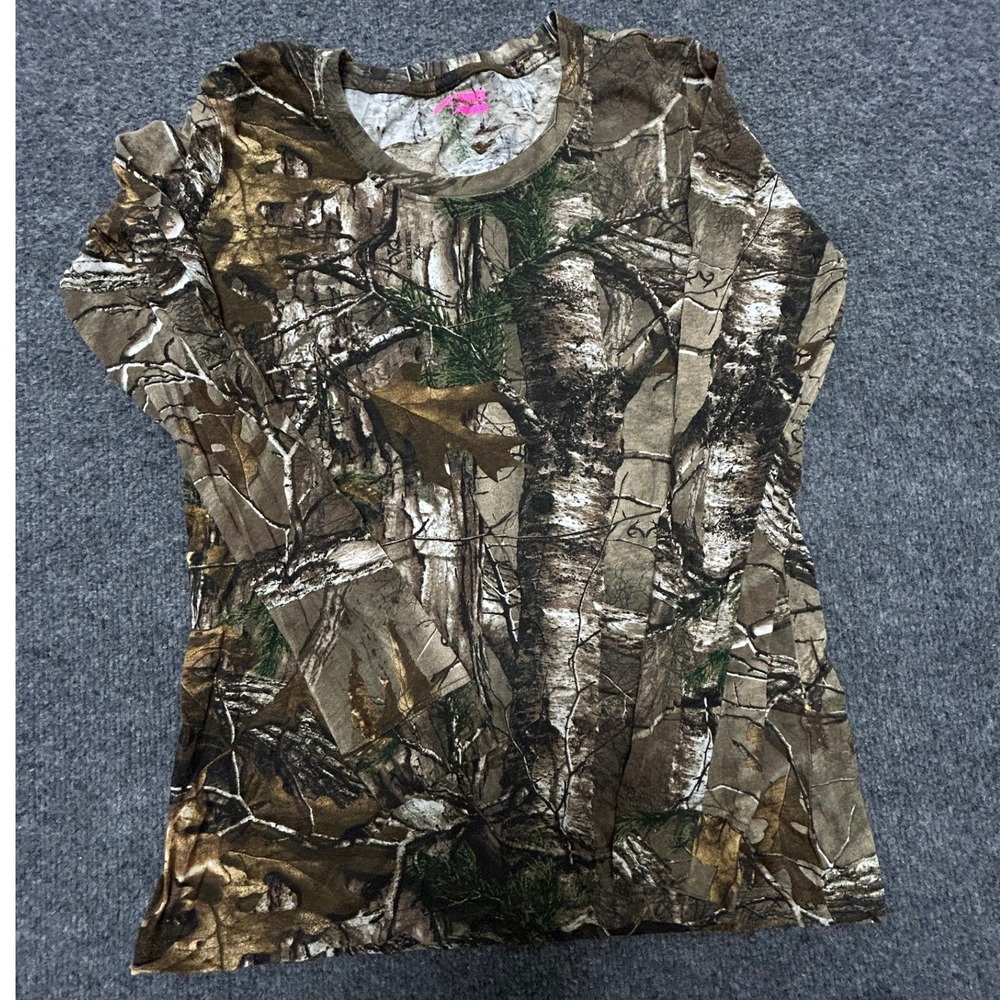 Game Winner Shirt Womens Size L Brown Camo Long Sleeve Crew Neck Outdoor Stretch